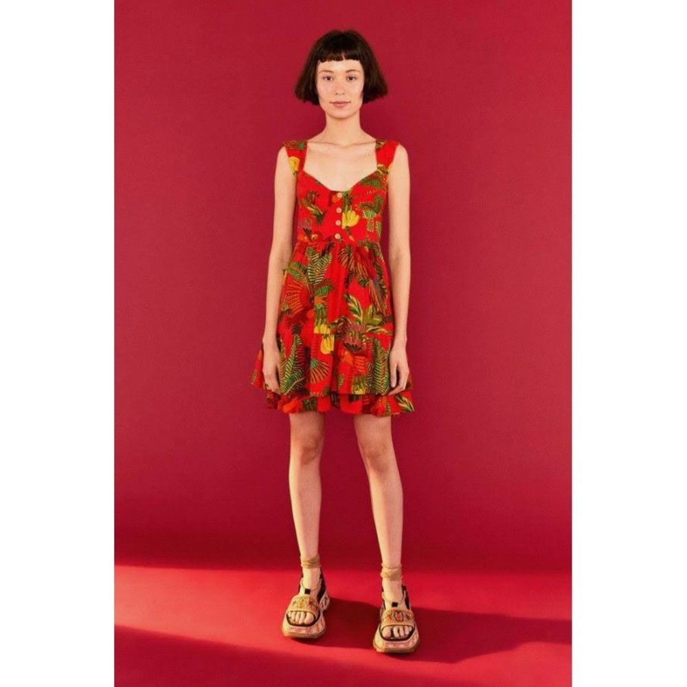 Farm Rio Red Forest Birds Mini Dress M Red Linen Blend Birds Tiered Hem Pockets - Picture 4 of 9
